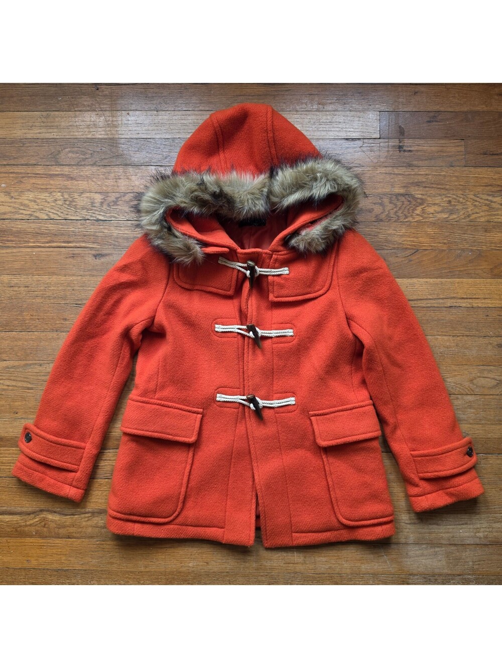 Uniqlo Women's Small Orange Wool Blend Duffle Coat with Faux Fur Hood